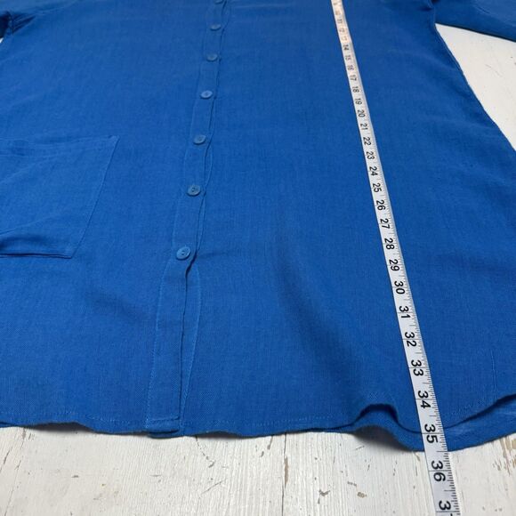 FLAX Tunic Blouse Top Large Linen Cotton Button Up Lagenlook Bright Blue Coastal - Picture 8 of 11